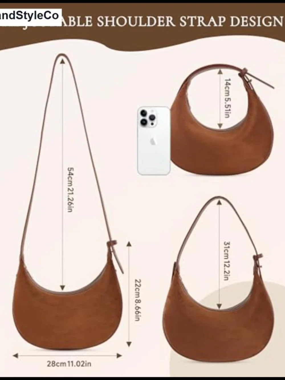 Faux Suede Crescent Hobo Handbag with Adjustable Strap